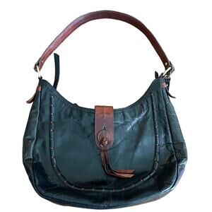 Boho Born Black Leather Shoulder Bag with Brown Hippie Accents